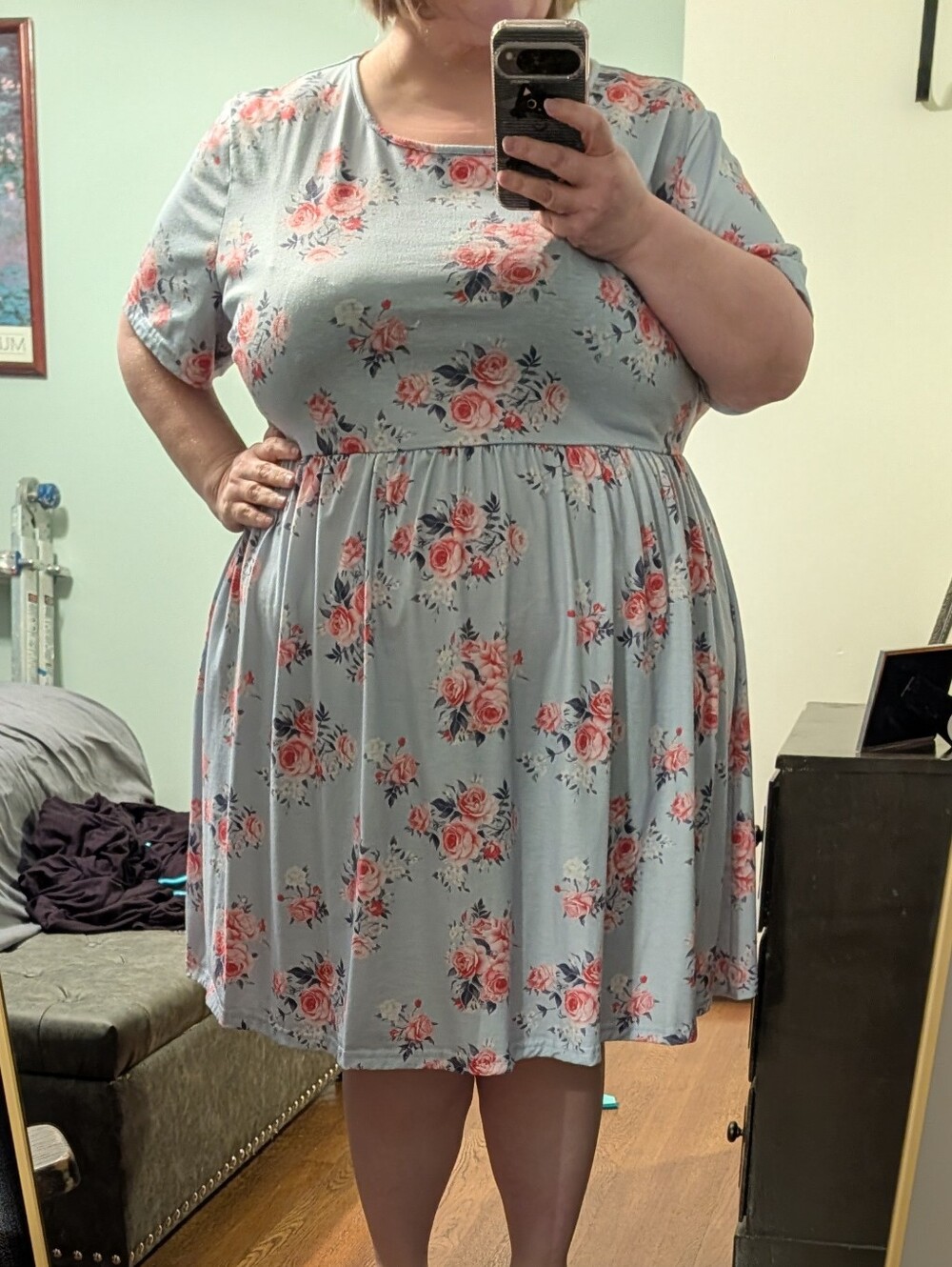 Women's Light Blue Floral Circle Skirt - Pink Rose Print